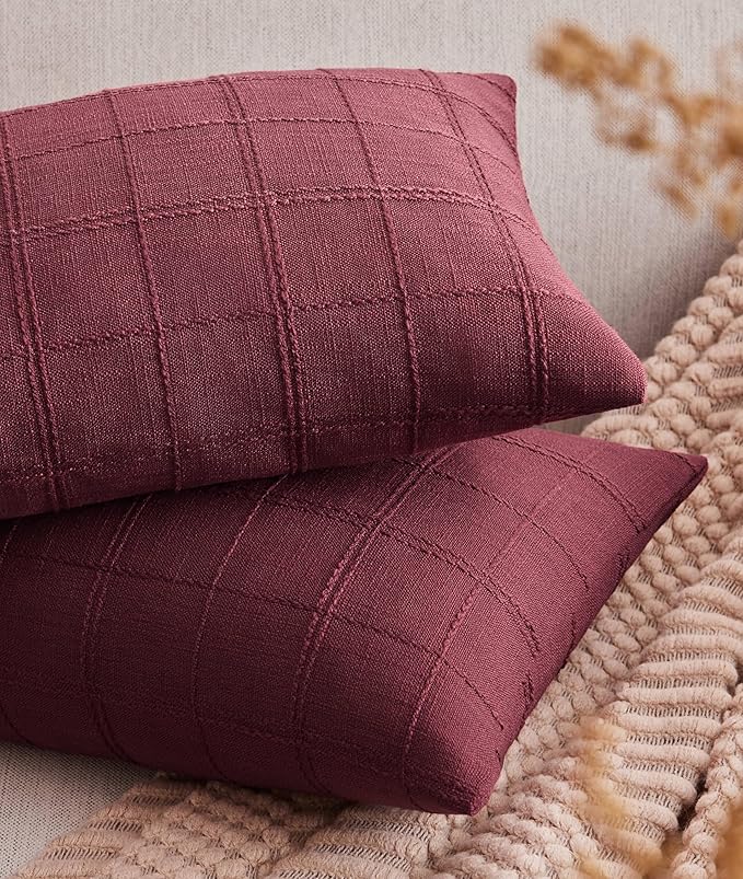 ZeeMart Linen Checked Lumbar Throw Pillow Covers Set of 2, 12x20 Inch Allover by ZEEMARTONLINE