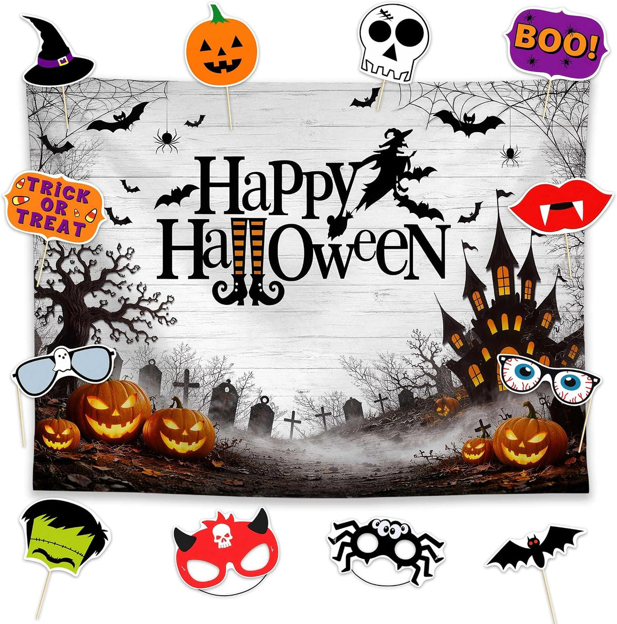 Allenjoy 96" x 72" Happy Halloween Photography Backdrop with Photo Booth Props, Party Decorations, Supplies and Favors