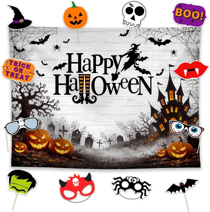 Allenjoy 96" x 72" Happy Halloween Photography Backdrop with Photo Booth Props, Party Decorations, Supplies and Favors