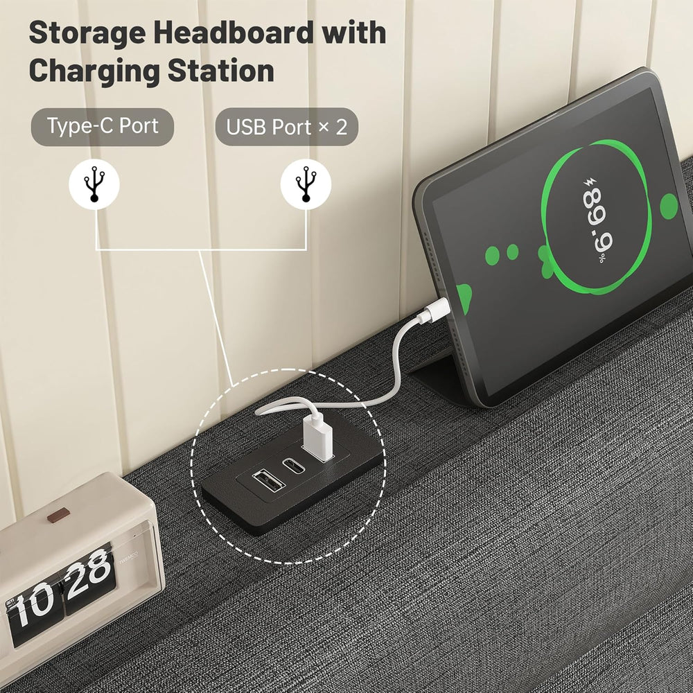 EnHomee King Size Bed with Upholstered Headboard & Charging Station