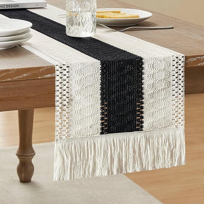 ZeeMart Macrame Style Bicolor Stitching Table Runner, 12 x 108 Inch Black/Ivory by ZEEMARTONLINE