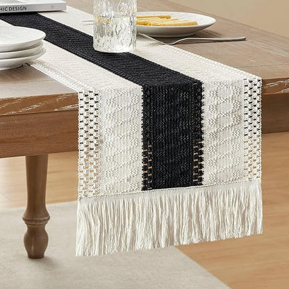 ZeeMart Macrame Style Bicolor Stitching Table Runner, 12 x 108 Inch Black/Ivory by ZEEMARTONLINE