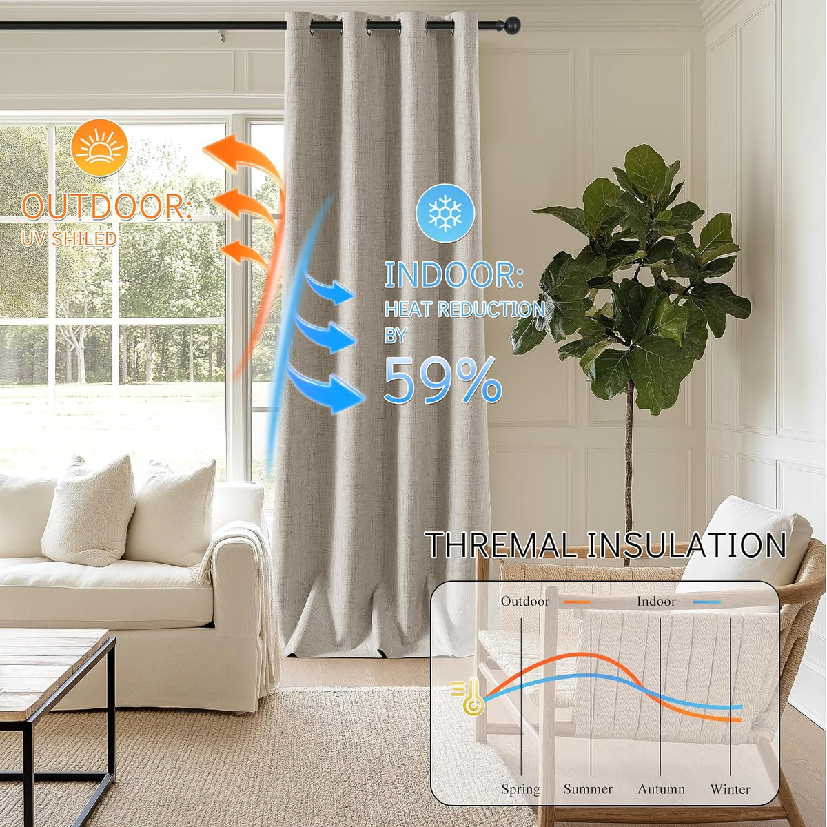 chrisdowa linen blackout curtains 63 inch length 100%, side view
