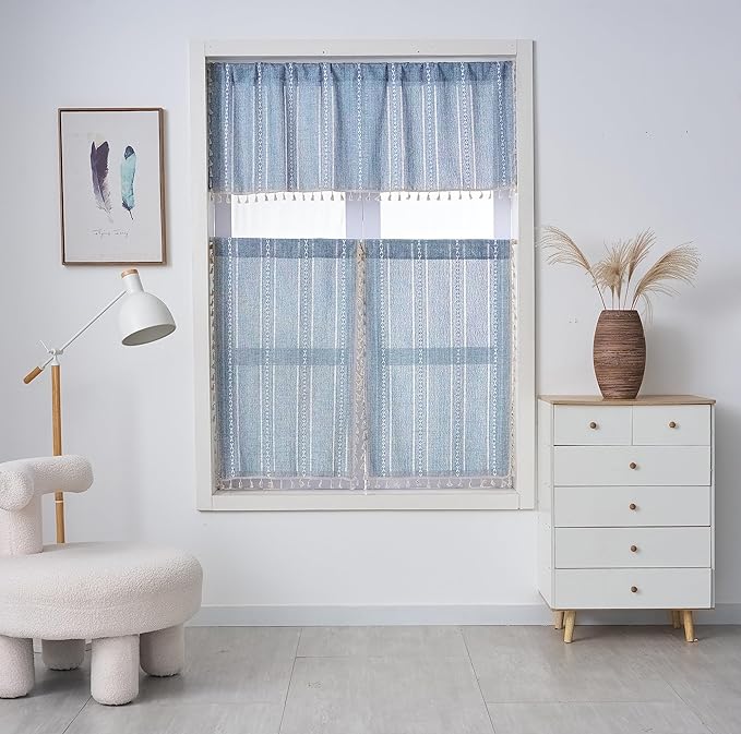 ColorBird Kitchen Short Curtains，52 x 18 inch Blue Striped Valance Curtains - Image 6