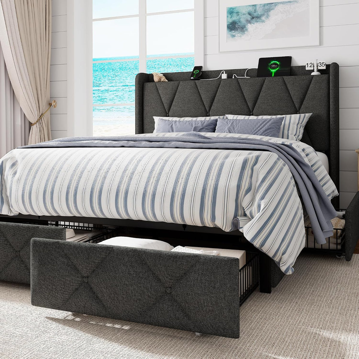 galnfu queen bed frame with 4 storage drawers, close-up detail
