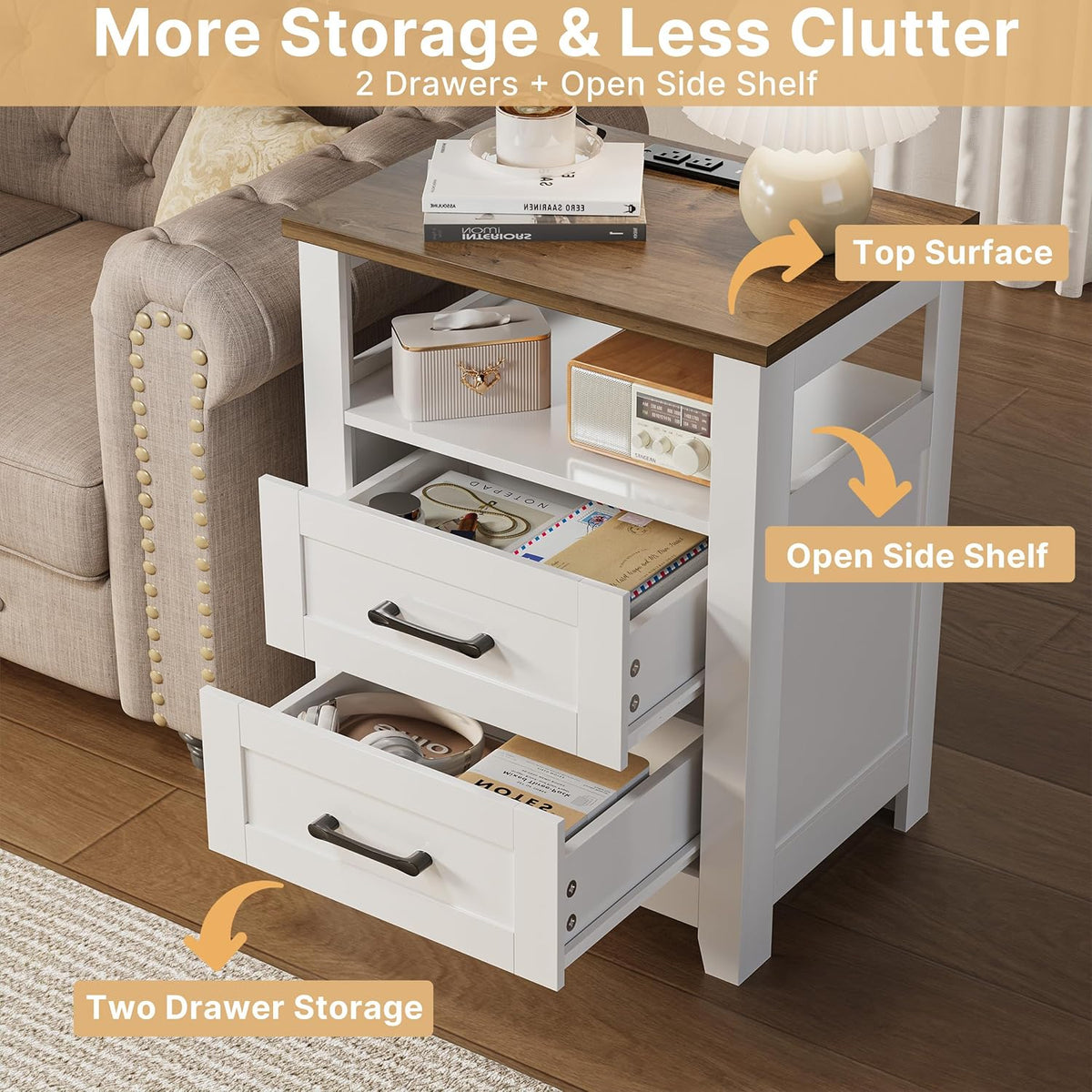 decofy farmhouse 2-drawer nightstand with charging station, white, close-up detail