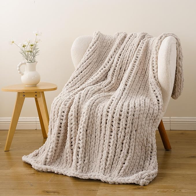 Battilo Beige Chunky Knit Throw Blanket, Soft and Thick Cream Chenille Throw - Image 3