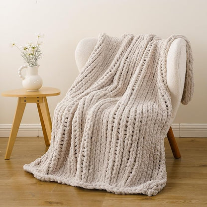 Battilo Beige Chunky Knit Throw Blanket, Soft and Thick Cream Chenille Throw - Image 3