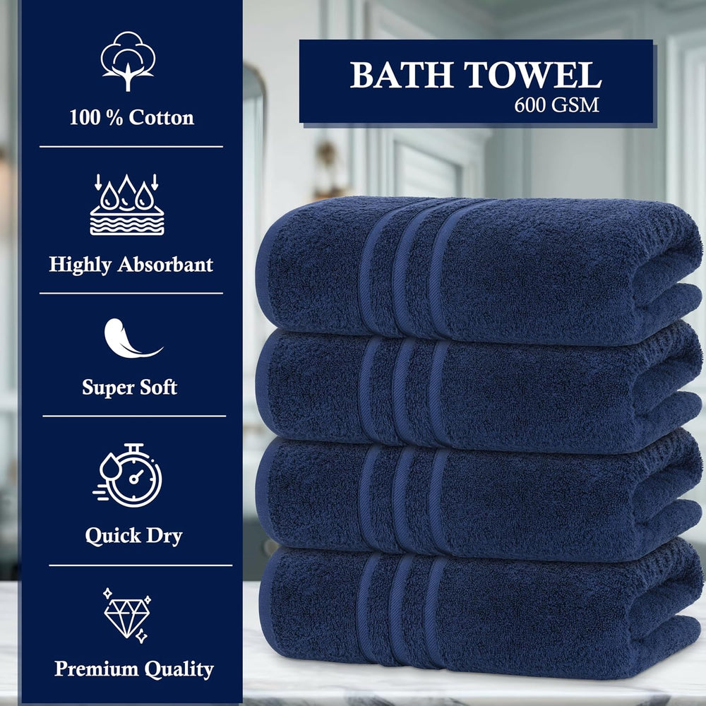 4 Pieces Large Bath Towels Set, 27x54 Inches, Navy Blue