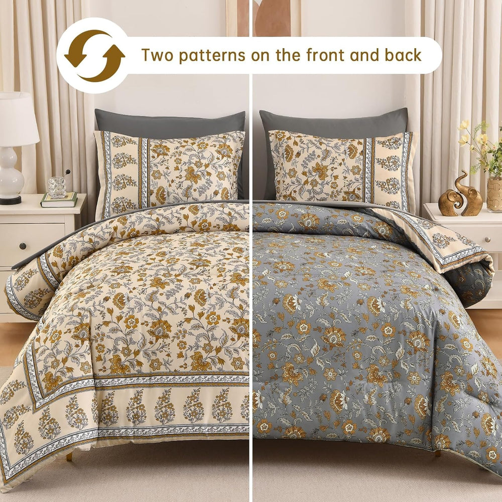 Comforter Set Full Size Boho,Bohemain Beige Bedding Paisley Floral 7 Pieces