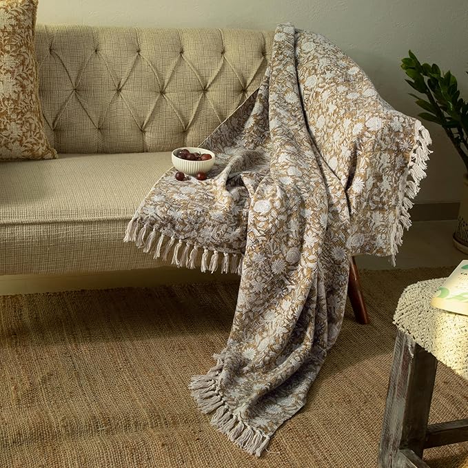 100% Pure Cotton Handblock Printed Throw Blanket, Soft 50" x 60" Fringed Floral by Unknown