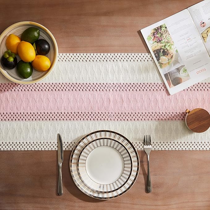ZeeMart Macrame Style Bicolor Stitching Table Runner, 14 x 48 Inch Light - Image 4