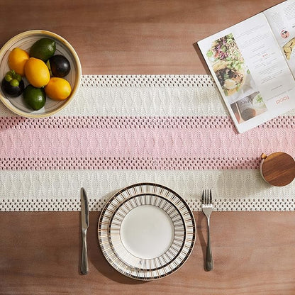 ZeeMart Macrame Style Bicolor Stitching Table Runner, 14 x 60 Inch Light - Image 4