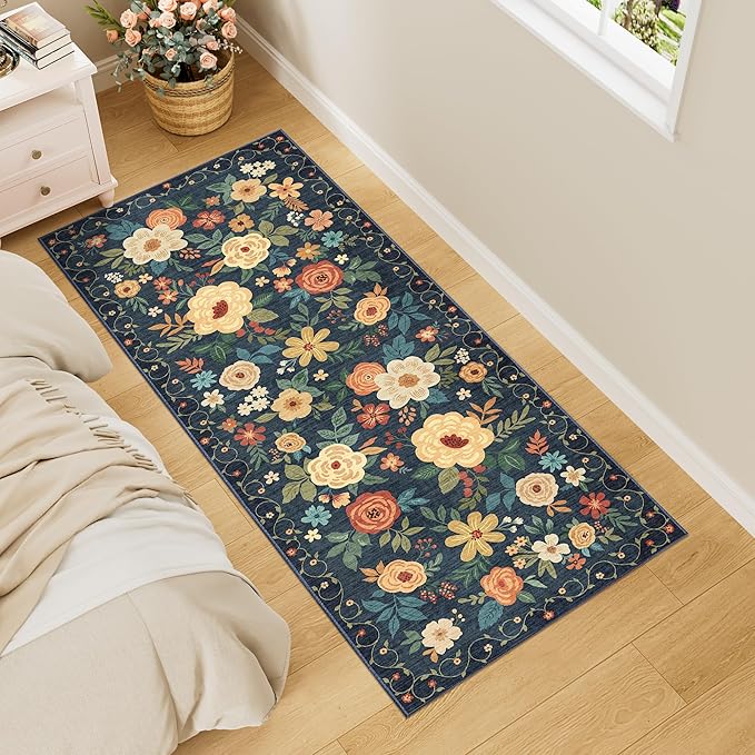 DUKINO 2x5 Runner Rug for Hallway, Washable Kitchen Floral Runner Rug by DUKINO