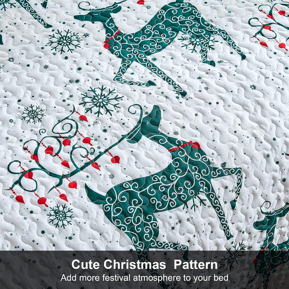 Hansleep Christmas Bedspread Queen Size, Green Reindeer Quilt Bedding Set