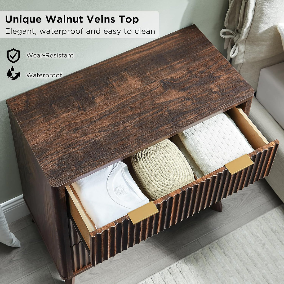 t4tream 32" fluted 3 drawer dresser for bedroom, side view
