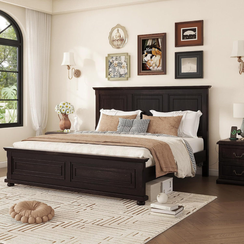 RuiSiSi King Size Solid Wood Bed with Tall Headboard & Footboard, Mid Cen...