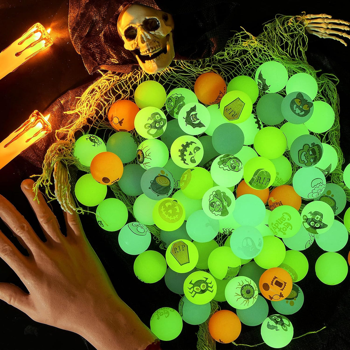 JOYIN 100 PCS Halloween Glow in The Dark Bouncing Balls, 20 Designs Halloween Theme Glowing Bouncy Balls for Halloween Party Supplies, Party Favors, Trick or Treating Goodies