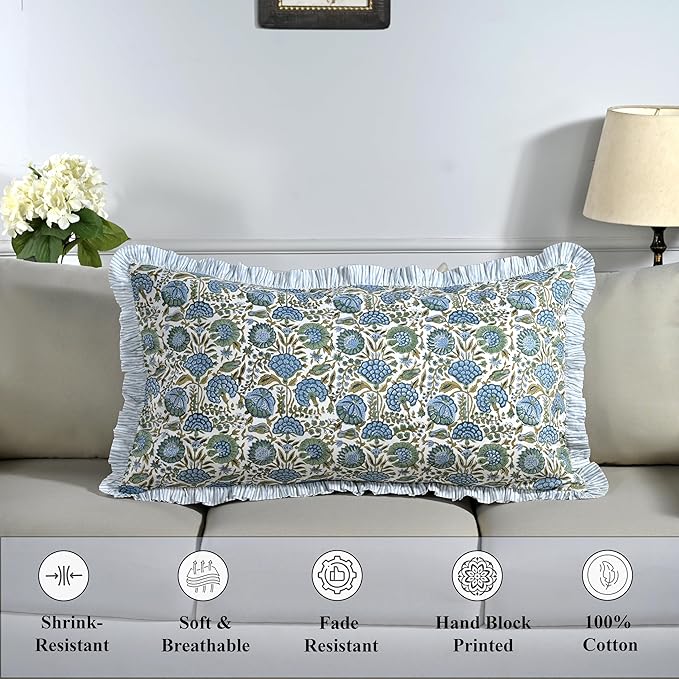 Ridhi Asparagus Green 100% Cotton Block Print Ruffle Bed Sham Cover 20''×36'' - Image 5