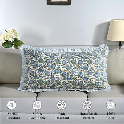 Ridhi Asparagus Green 100% Cotton Block Print Ruffle Bed Sham Cover 20''×36'' - Image 5