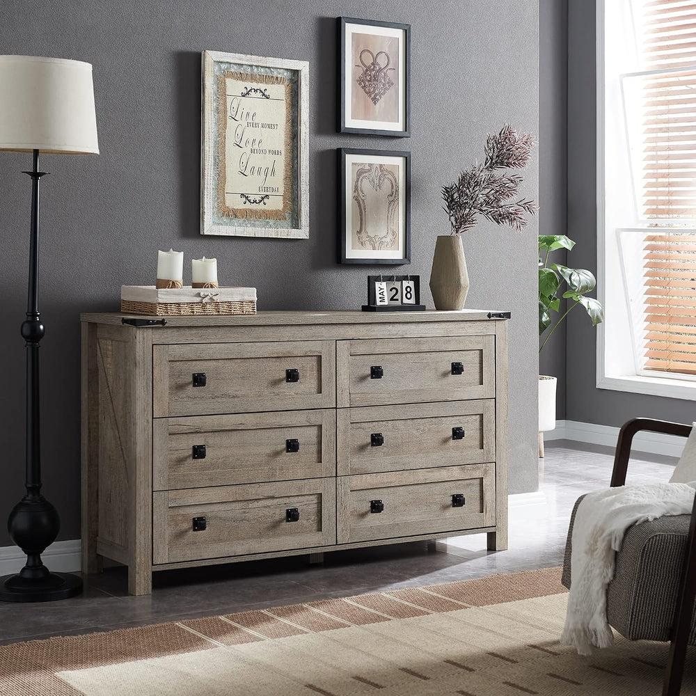 T4TREAM 54" Wide Farmhouse 6-Drawer Dresser for Bedroom, Light Rustic Oak