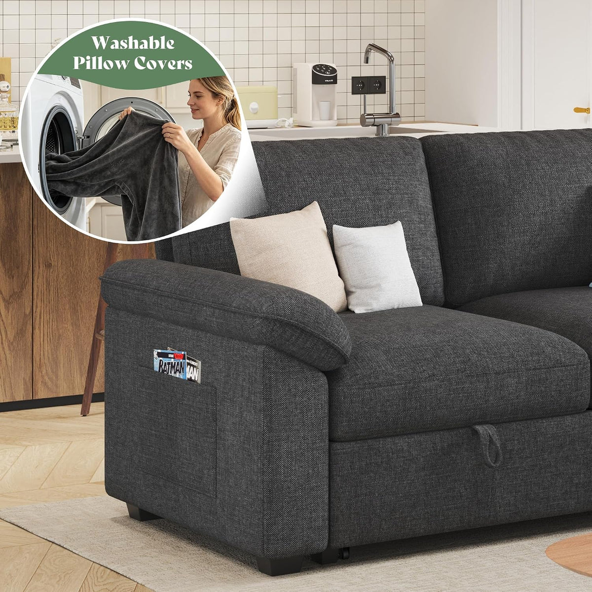jocisland sofa bed, 3-in-1 sleeper sofa, pull out on a desk or shelf