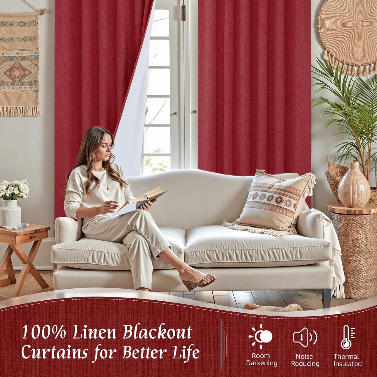 lamit 63 inch length 100% blackout linen curtains shown in use