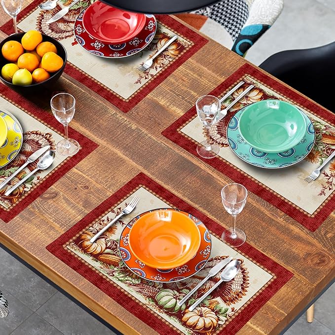 Giwawa 4PCs Thanksgiving Placemats 12x18 Inch Fall Harvest Turkey Autumn - Image 8