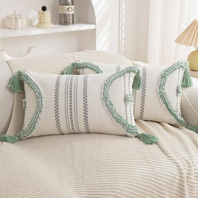 Boho Throw Pillow Covers 12x20 Set of 2 Cotton Woven Tufted Farmhouse Lumbar by PLEPATE