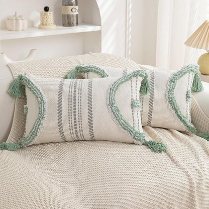 Boho Throw Pillow Covers 12x20 Set of 2 Cotton Woven Tufted Farmhouse Lumbar by PLEPATE