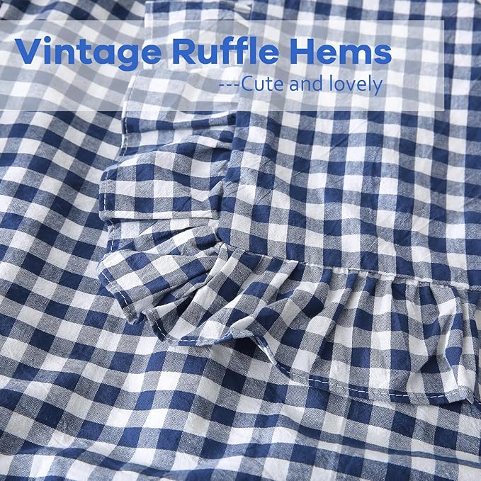 2 Pack Navy Blue White Plaid Ruffle Gingham Euro Shams Pillow Covers, 100% - Image 5