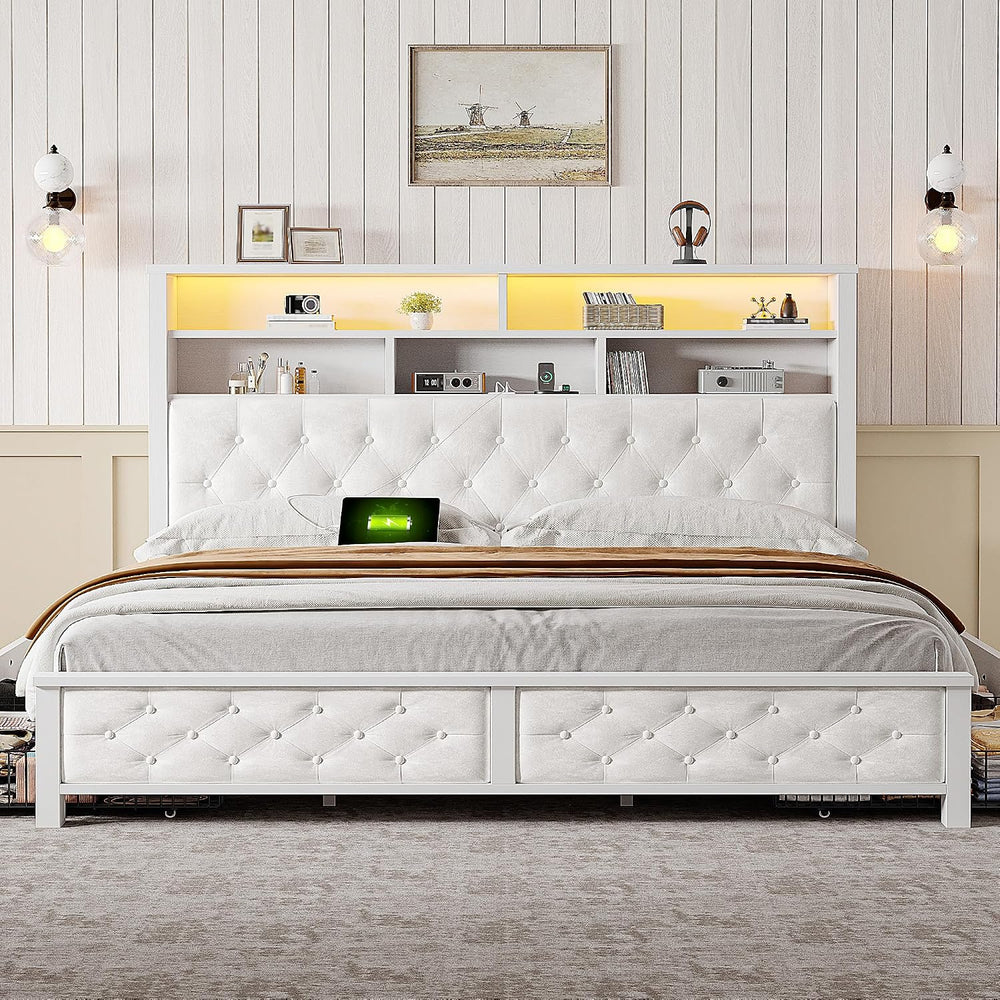 EnHomee King Size Bed Frame with 4 Storage Drawers & Charging Station