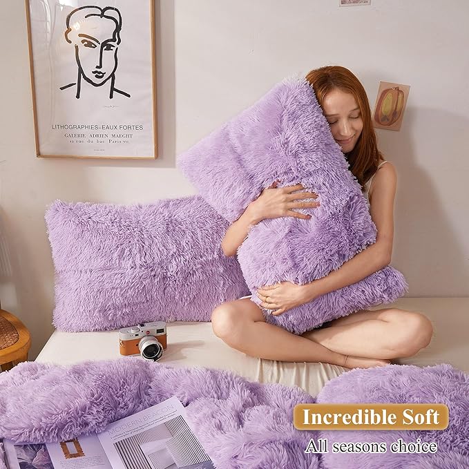 XeGe Faux Fur Lavender Throw Pillow Covers, Shaggy Fluffy Cushion Covers - Image 5