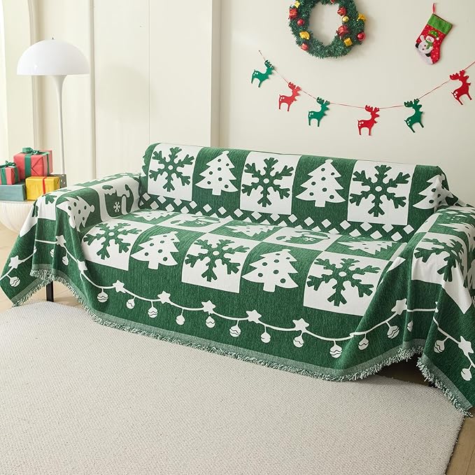 MEETSKY Christmas Couch Cover for Sectional Sofa, Chenille Loveseat Green Sofa - Image 8