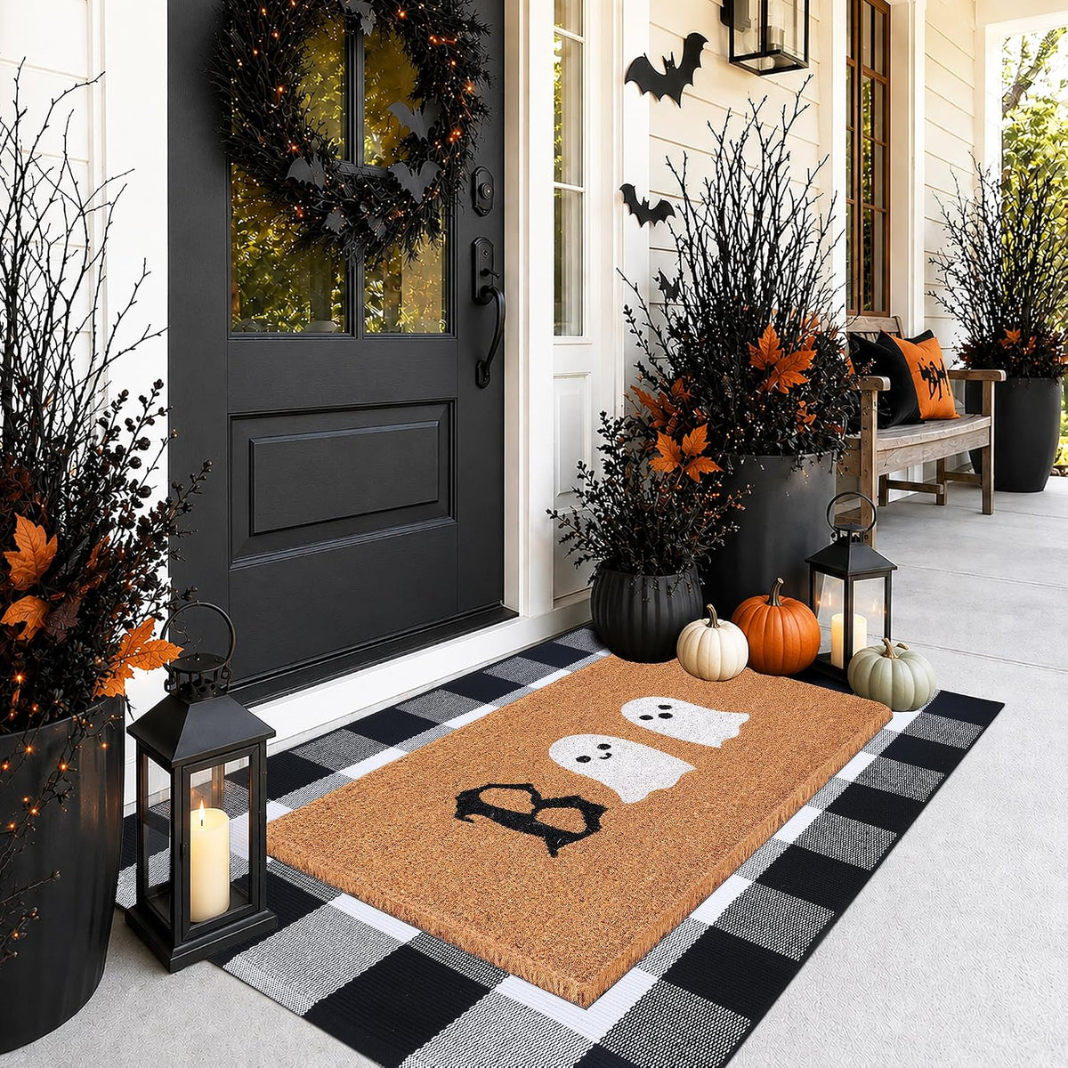 Halloween Door Mat Combo Set, Boo Ghost Coco Coir Welcome Doormat + 28" x 43" Black and White Plaid Rug, Autumn Halloween Front Porch Entryway Decor Floor Mat