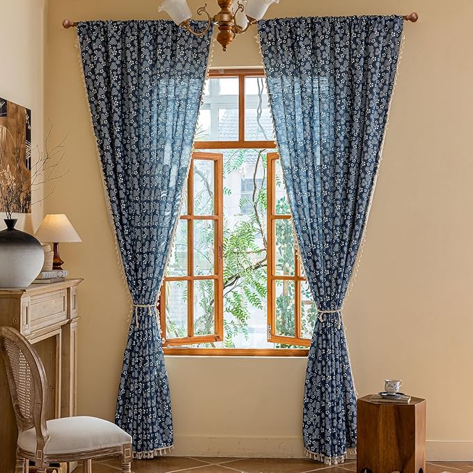 ENJOYBRIDAL White Floral Curtains 84 Inch Long Semi Sheer Navy Blue Drapes - Image 5