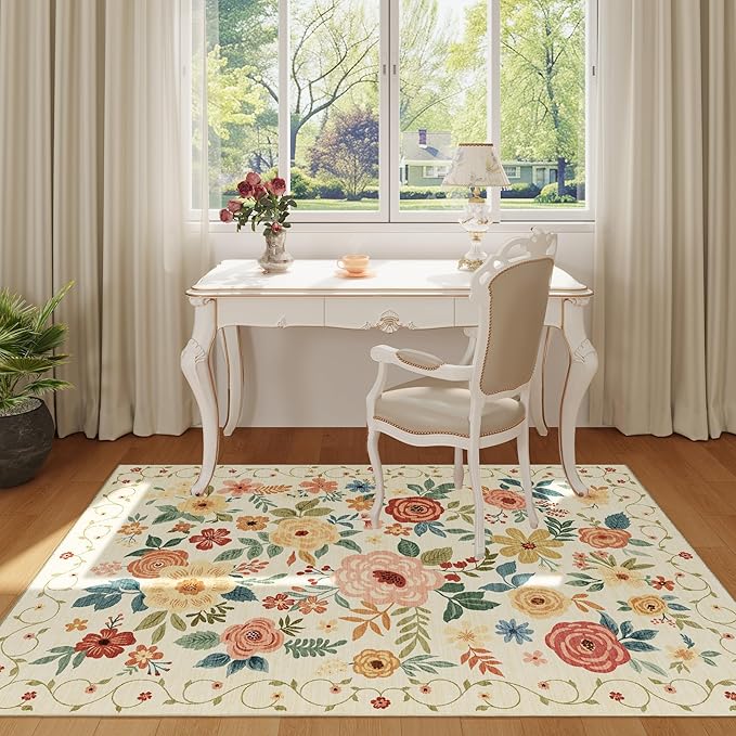 DUKINO 4x6 Area Rug, Lightweight Non Slip Washable Floral Rug, Indoor Low Pile - Image 2