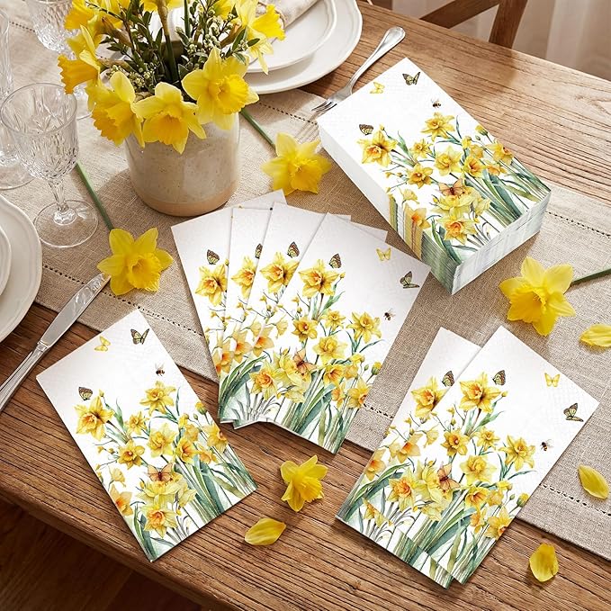 Peryiter 100 Pcs Spring Floral Daffodils Paper Napkins 13 x 15.7 Inch Yellow - Image 3