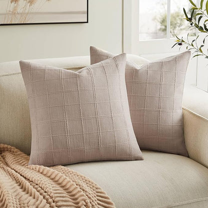 ZeeMart Linen Checked Throw Pillow Covers Set of 2, 22x22 Inch Taupe/Cream by ZEEMARTONLINE