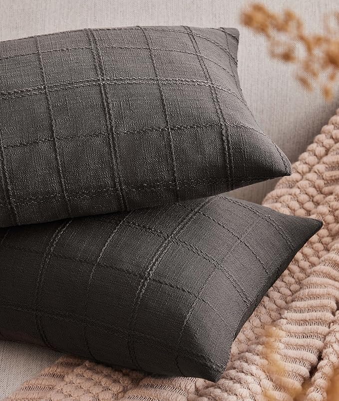 ZeeMart Linen Checked Lumbar Throw Pillow Covers Set of 2, 12x20 Inch Allover by ZEEMARTONLINE