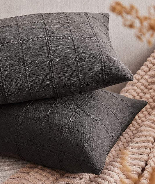 ZeeMart Linen Checked Lumbar Throw Pillow Covers Set of 2, 12x20 Inch Allover by ZEEMARTONLINE