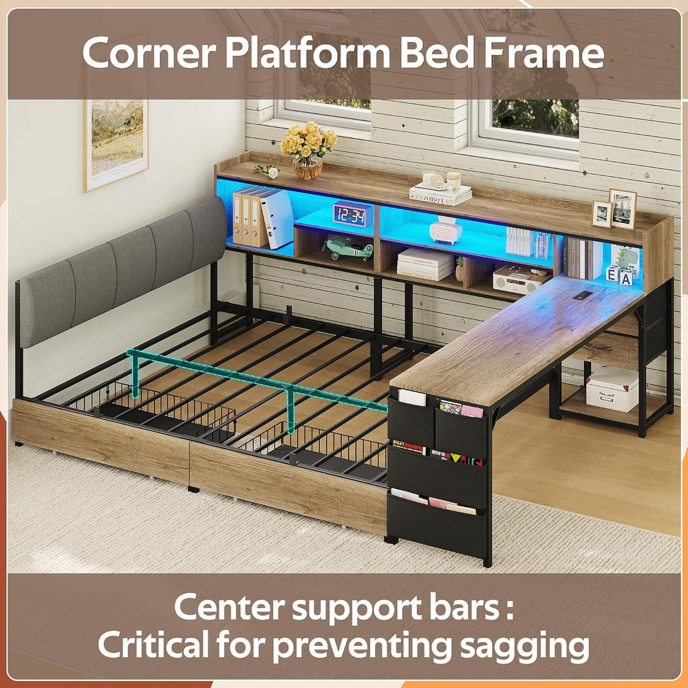 Space-Saving Corner Bed Frame Full with Storage & Desk, Oak Gray