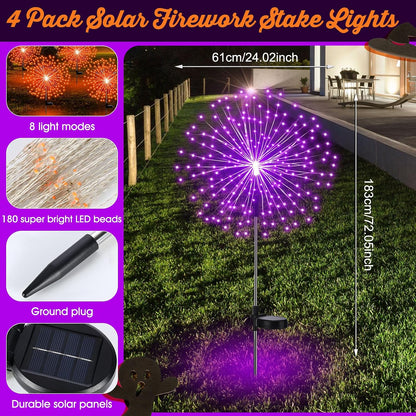 Tujoe 4 Pack Halloween Solar Firework Lights Decoration Orange, Purple