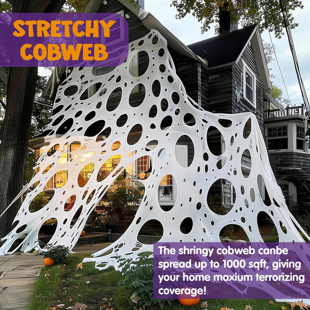 JOYIN 1000sqft Halloween Spider Web Outdoor Decoration, Giant Spider Cobwebs Halloween Decor Outside, DIY Stretchy Flexible Spiderweb Decor for Haunted House Party Decorations Supplies