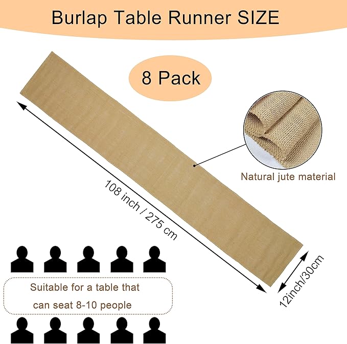 8 Pack Natural Burlap Table Runners, 12 x 108 Inch Rustic Jute Table Runner and - Image 2