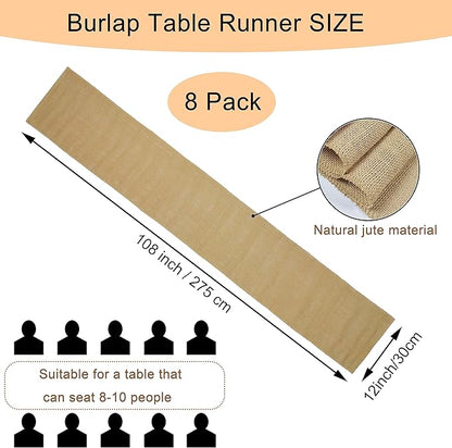 8 Pack Natural Burlap Table Runners, 12 x 108 Inch Rustic Jute Table Runner and - Image 2