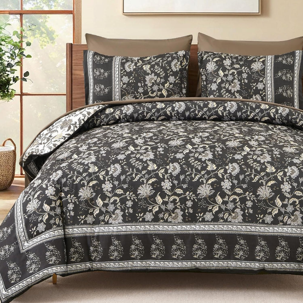 Boho Comforter Set Queen,Reversible Brown Gray Bedding Paisley 7 Piece