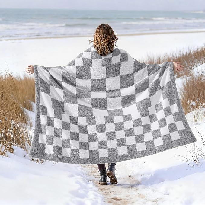 Joiedomi Throw Blanket for Couch, Light Grey Checkered Knitted Blankets Gifts - Image 6