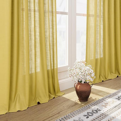 Celery Yellow Textured Linen Blend Drapes 96 Inch Long 2 Panels Set Back Tab - Image 6