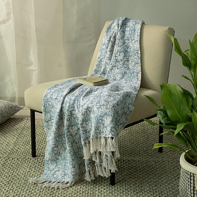 100% Pure Cotton Handblock Printed Throw Blanket, Soft 50" x 60" Fringed Floral by Unknown